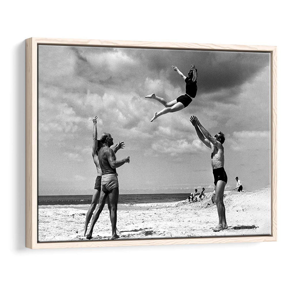 Vintage Beach Print, Black and White, Retro Wall Art, Summer Beach Art, Floating Framed Canvas Print