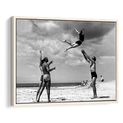 Vintage Beach Print, Black and White, Retro Wall Art, Summer Beach Art, Floating Framed Canvas Print