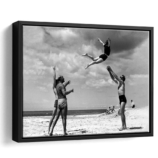 Vintage Beach Print, Black and White, Retro Wall Art, Summer Beach Art, Floating Framed Canvas Print
