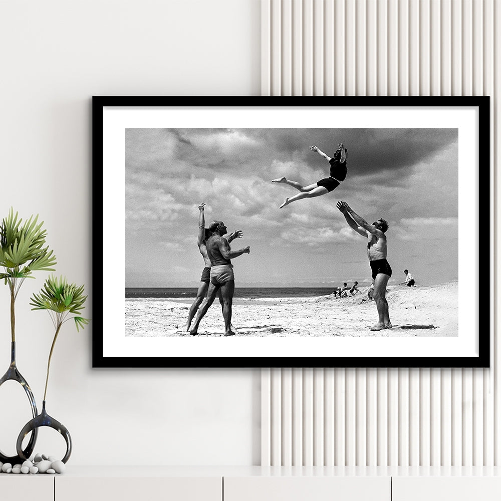 Vintage Beach Print, Black and White, Retro Wall Art, Summer Beach Art, Framed Art Print White Border Wall Decor