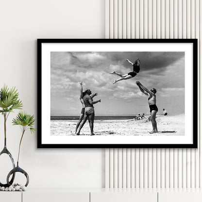 Vintage Beach Print, Black and White, Retro Wall Art, Summer Beach Art, Framed Art Print White Border Wall Decor
