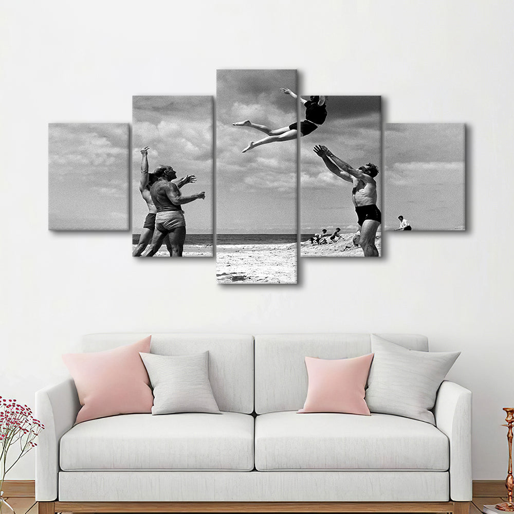 Vintage Beach Print, Black and White, Retro Wall Art, Summer Beach Art, Mixed 5 Pieces Canvas Print