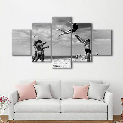 Vintage Beach Print, Black and White, Retro Wall Art, Summer Beach Art, Mixed 5 Pieces Canvas Print