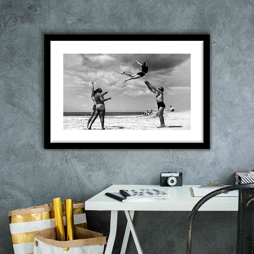 Vintage Beach Print, Black and White, Retro Wall Art, Summer Beach Art, Framed Art Print White Border Wall Decor