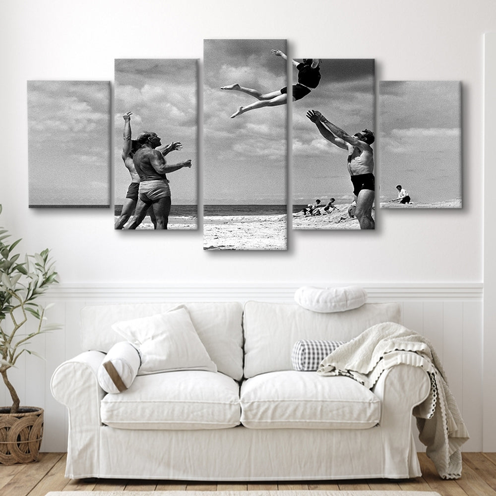 Vintage Beach Print, Black and White, Retro Wall Art, Summer Beach Art, Mixed 5 Pieces Canvas Print