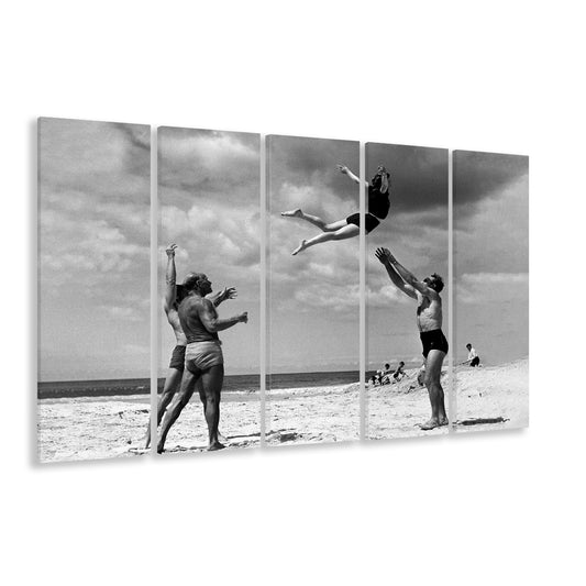 Vintage Beach Print, Black and White, Retro Wall Art, Summer Beach Art, 5 Pieces Large Canvas Print