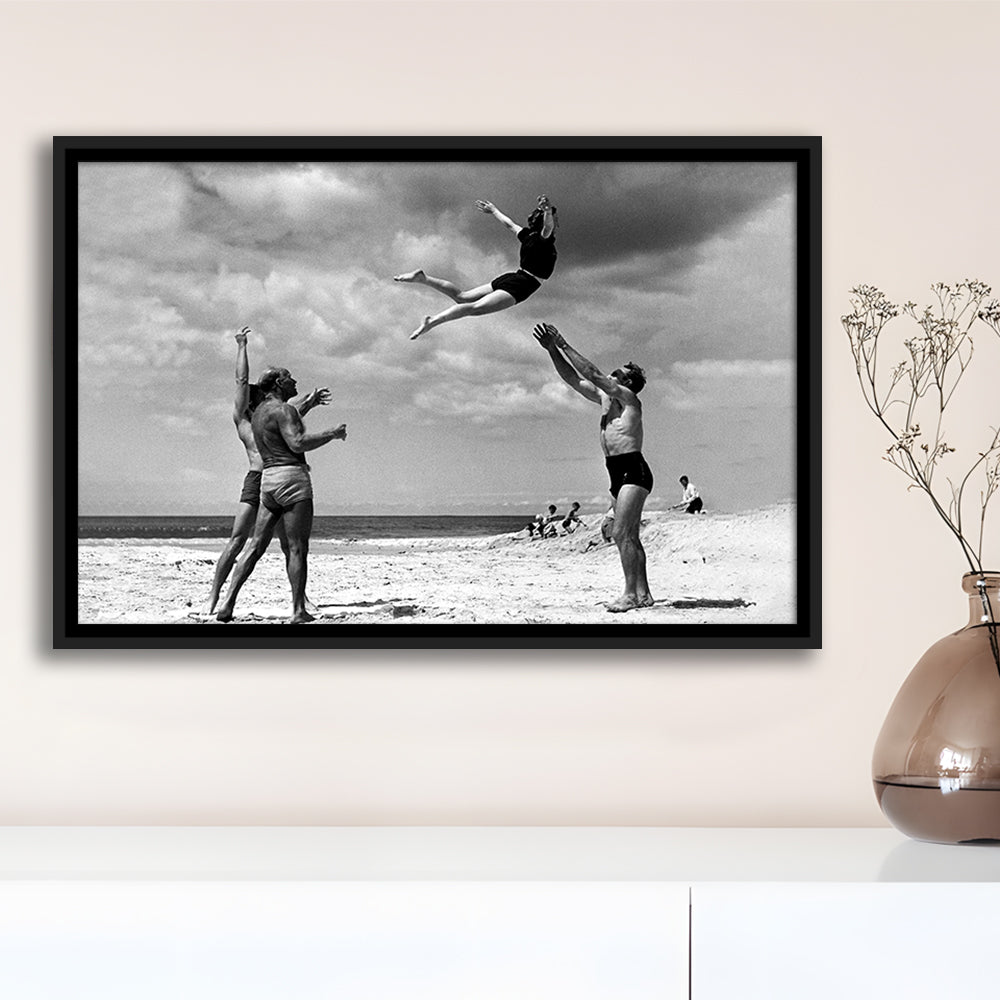 Vintage Beach Print, Black and White, Retro Wall Art, Summer Beach Art, Floating Framed Canvas Print
