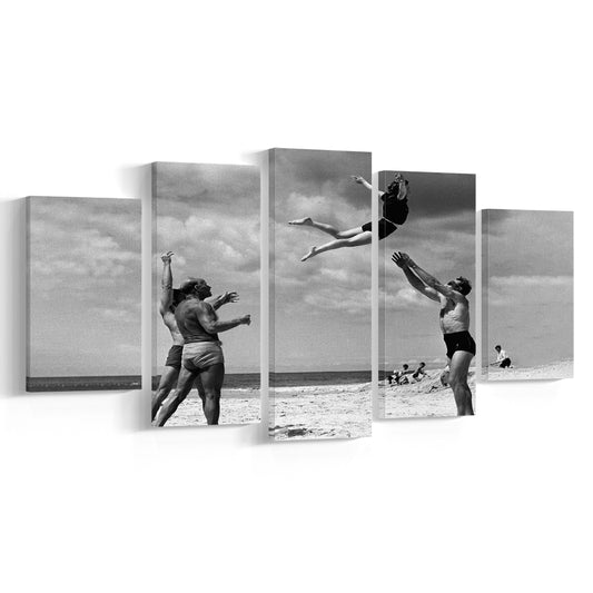 Vintage Beach Print, Black and White, Retro Wall Art, Summer Beach Art, Mixed 5 Pieces Canvas Print