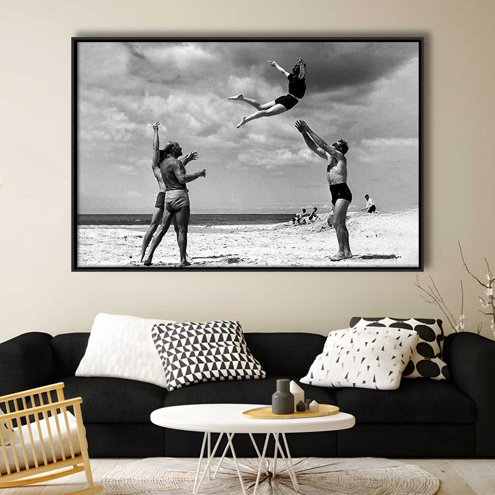 Vintage Beach Print, Black and White, Retro Wall Art, Summer Beach Art, Floating Framed Canvas Print
