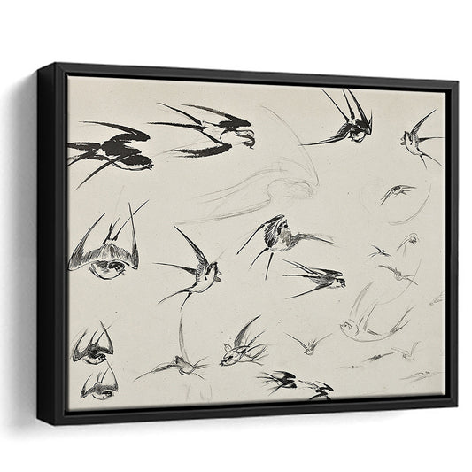 Vintage Bird Sketch Art Framed Canvas Print Wall Art, Farmhouse Decor Nursery Decor, Ready to hang