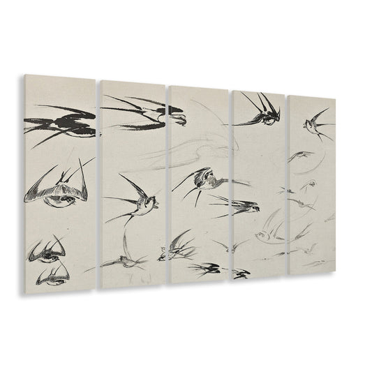 Vintage Bird Sketch Art 5 Panels Canvas Print Wall Art, Farmhouse Decor Nursery Decor, Ready to hang
