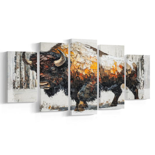 Vintage Bison Oil Painting Art, Canvas Art Decor Print, Painting Art, Mixed Panels Canvas Print Wall Art