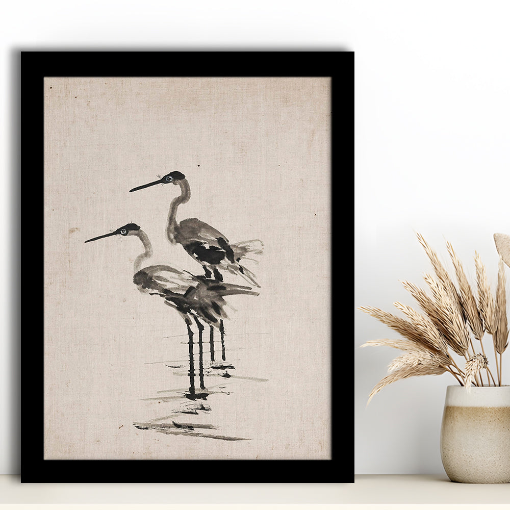 Vintage Blue Heron Painting Muted Neutral Coastal Framed Art Print Wall Decor, Gallery Framed Art Print Wall Decor