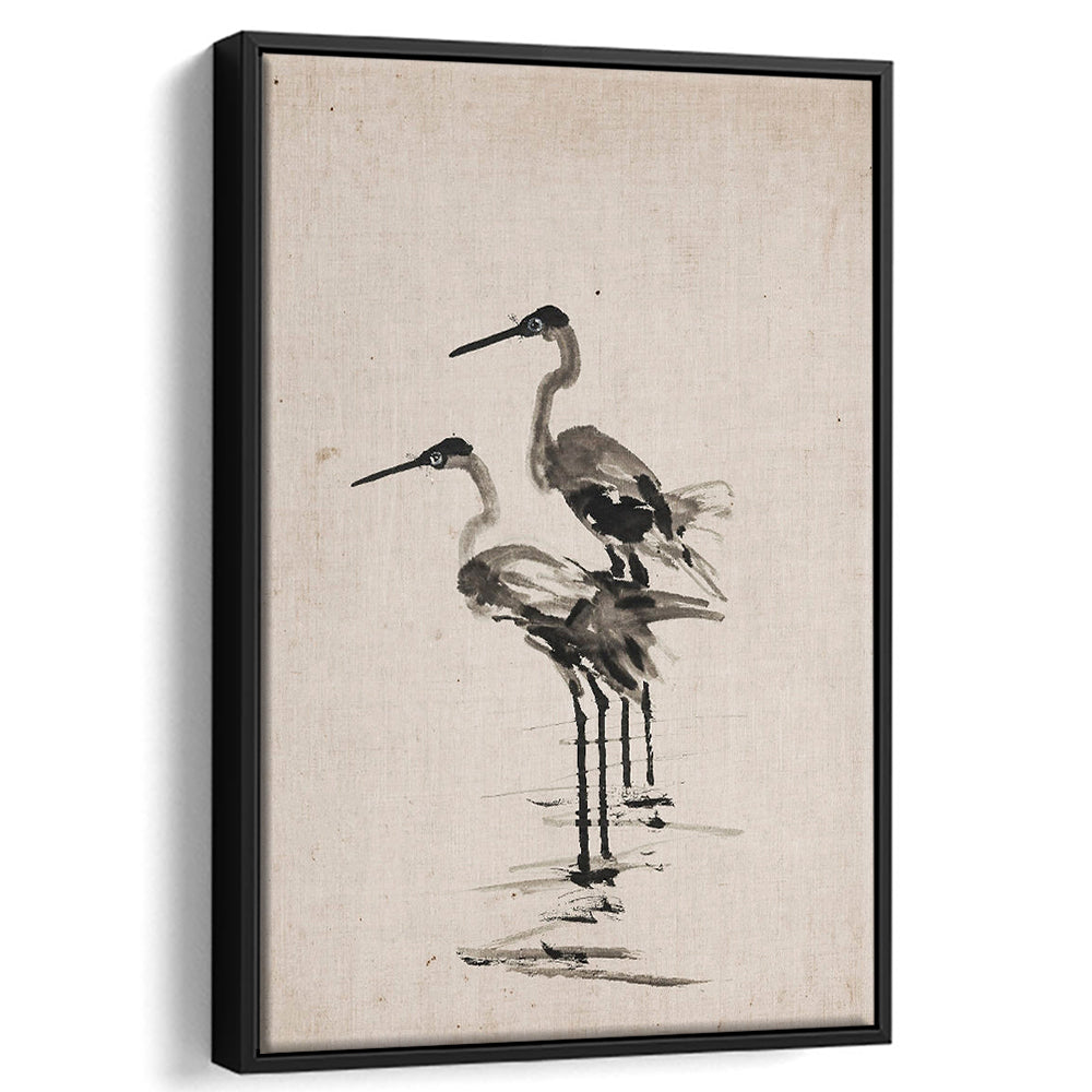 Vintage Blue Heron Painting Muted Neutral Coastal Framed Canvas Print Wall Art, Gallery Framed Canvas Print Wall Art