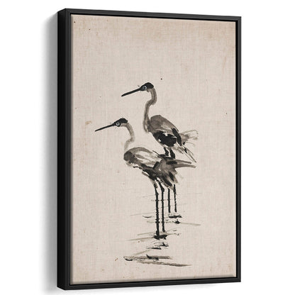Vintage Blue Heron Painting Muted Neutral Coastal Framed Canvas Print Wall Art, Gallery Framed Canvas Print Wall Art
