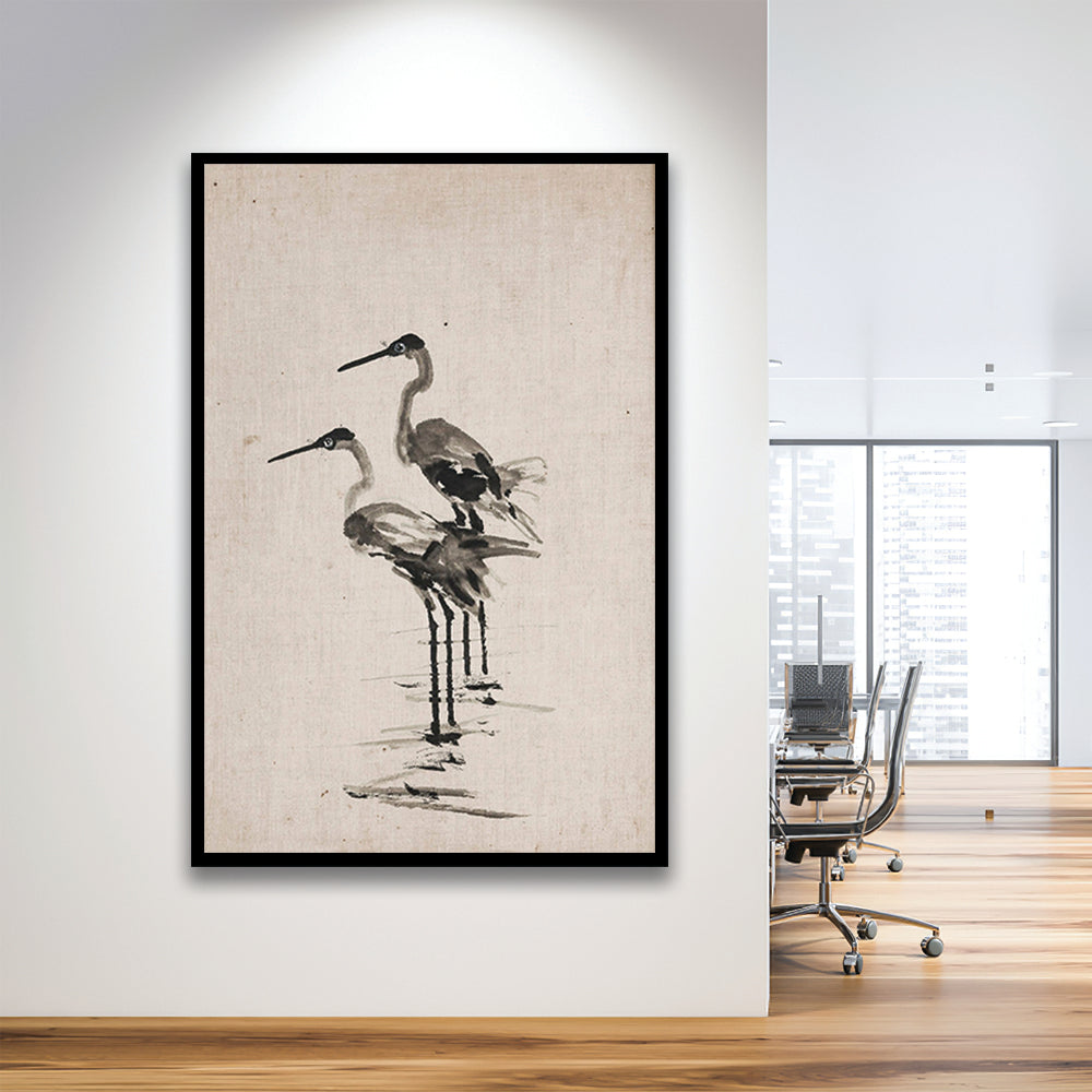 Vintage Blue Heron Painting Muted Neutral Coastal Framed Art Print Wall Decor, Gallery Framed Art Print Wall Decor