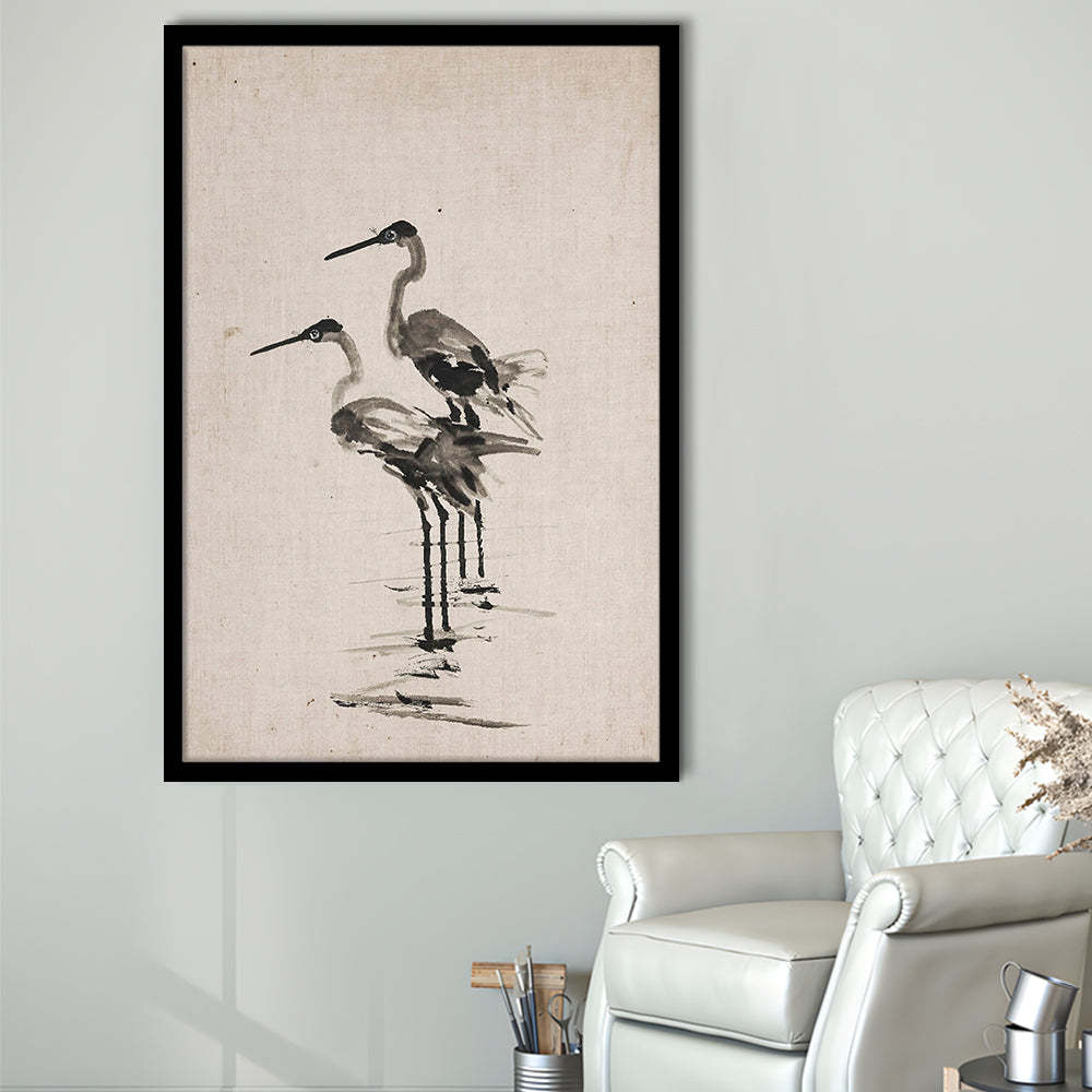 Vintage Blue Heron Painting Muted Neutral Coastal Framed Art Print Wall Decor, Gallery Framed Art Print Wall Decor