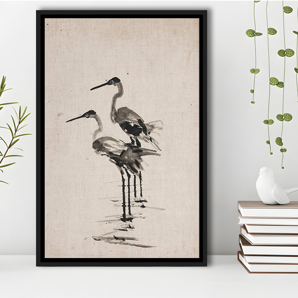 Vintage Blue Heron Painting Muted Neutral Coastal Framed Canvas Print Wall Art, Gallery Framed Canvas Print Wall Art