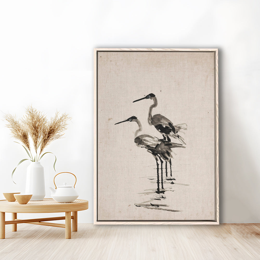 Vintage Blue Heron Painting Muted Neutral Coastal Framed Canvas Print Wall Art, Gallery Framed Canvas Print Wall Art