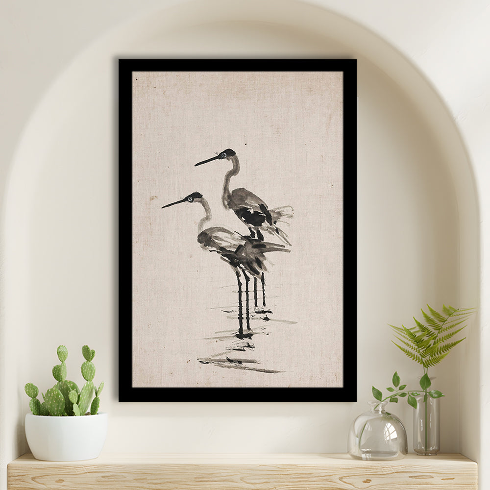 Vintage Blue Heron Painting Muted Neutral Coastal Framed Art Print Wall Decor, Gallery Framed Art Print Wall Decor
