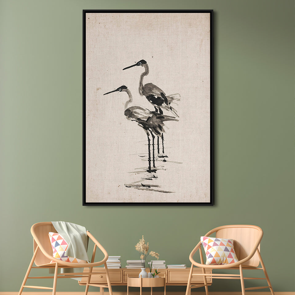 Vintage Blue Heron Painting Muted Neutral Coastal Framed Canvas Print Wall Art, Gallery Framed Canvas Print Wall Art