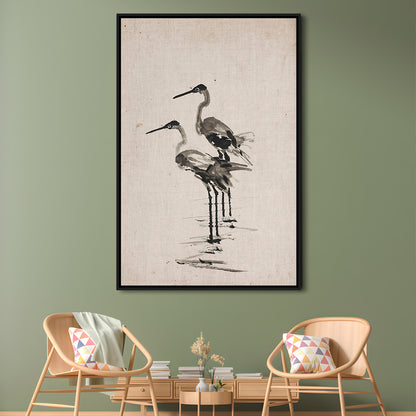 Vintage Blue Heron Painting Muted Neutral Coastal Framed Canvas Print Wall Art, Gallery Framed Canvas Print Wall Art