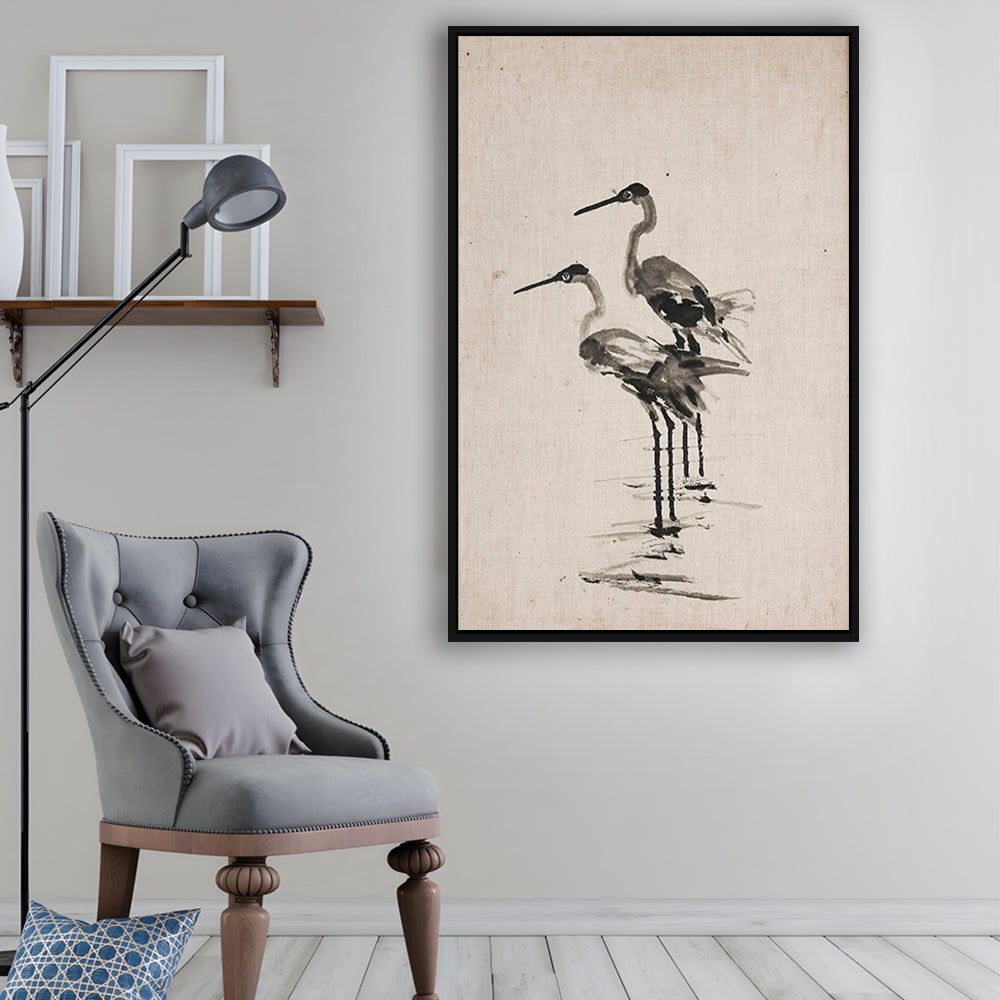 Vintage Blue Heron Painting Muted Neutral Coastal Framed Canvas Print Wall Art, Gallery Framed Canvas Print Wall Art