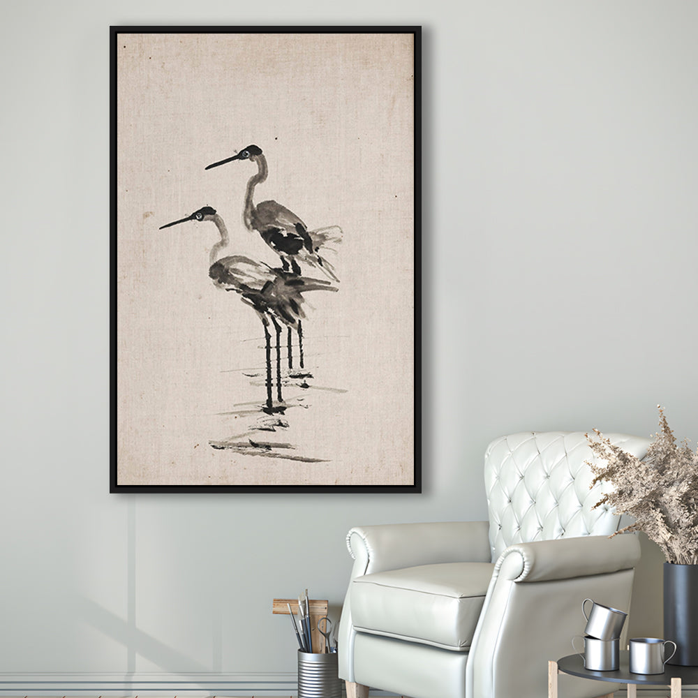 Vintage Blue Heron Painting Muted Neutral Coastal Framed Canvas Print Wall Art, Gallery Framed Canvas Print Wall Art