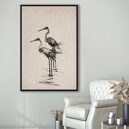 Vintage Blue Heron Painting Muted Neutral Coastal Framed Canvas Print Wall Art, Gallery Framed Canvas Print Wall Art