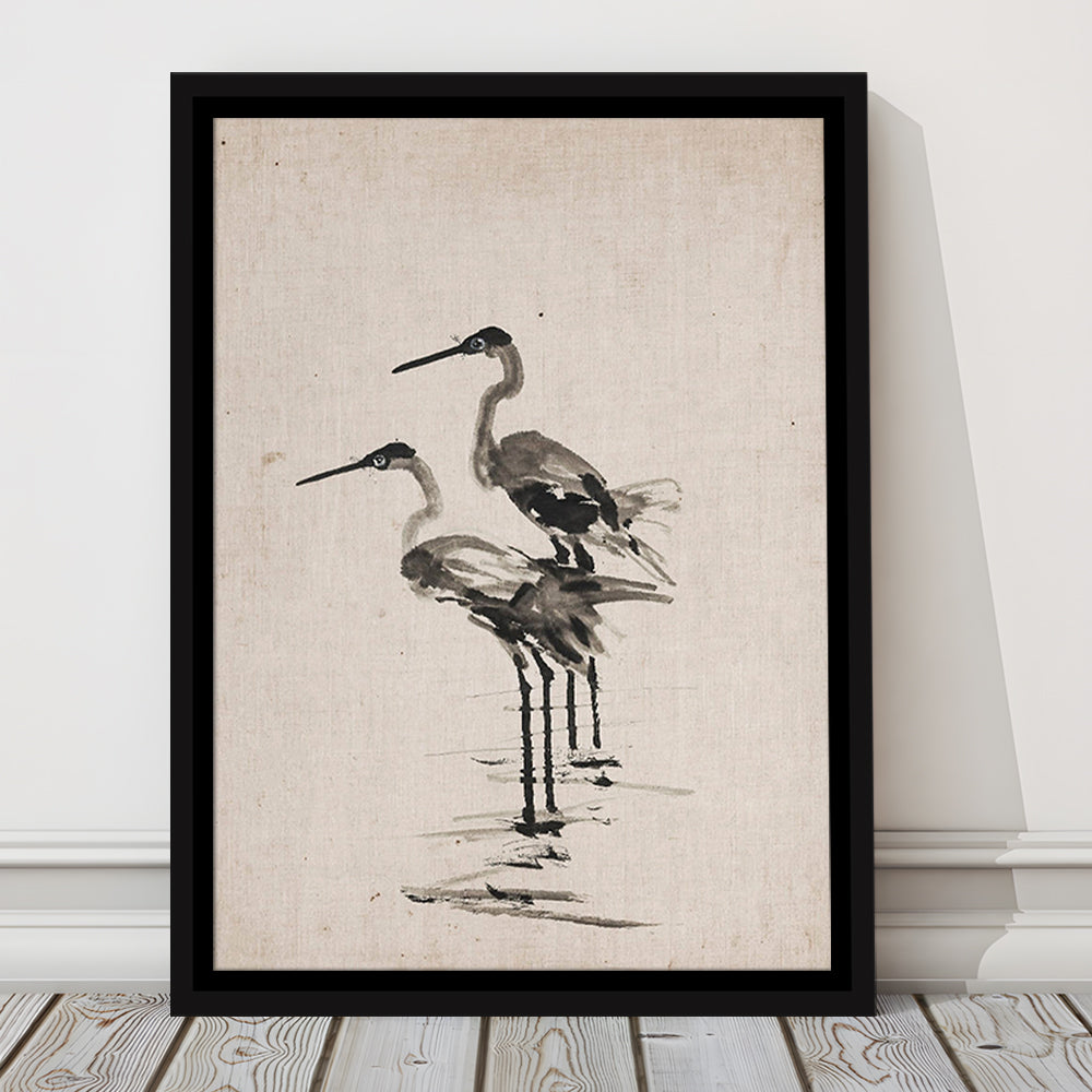 Vintage Blue Heron Painting Muted Neutral Coastal Framed Canvas Print Wall Art, Gallery Framed Canvas Print Wall Art