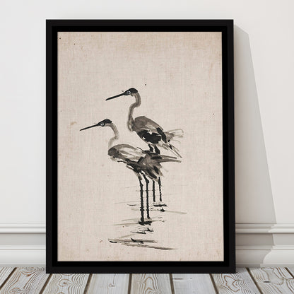Vintage Blue Heron Painting Muted Neutral Coastal Framed Canvas Print Wall Art, Gallery Framed Canvas Print Wall Art