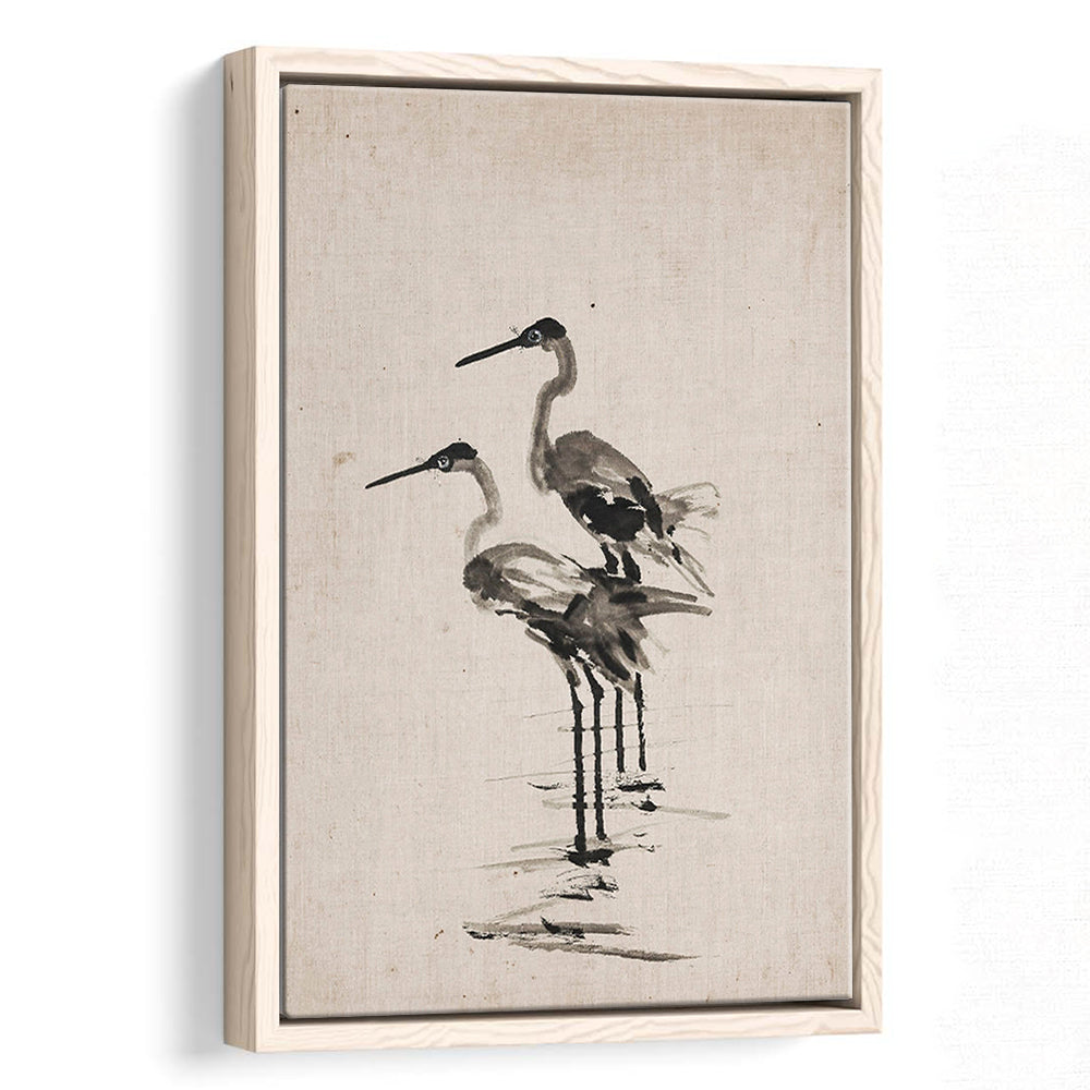 Vintage Blue Heron Painting Muted Neutral Coastal Framed Canvas Print Wall Art, Gallery Framed Canvas Print Wall Art