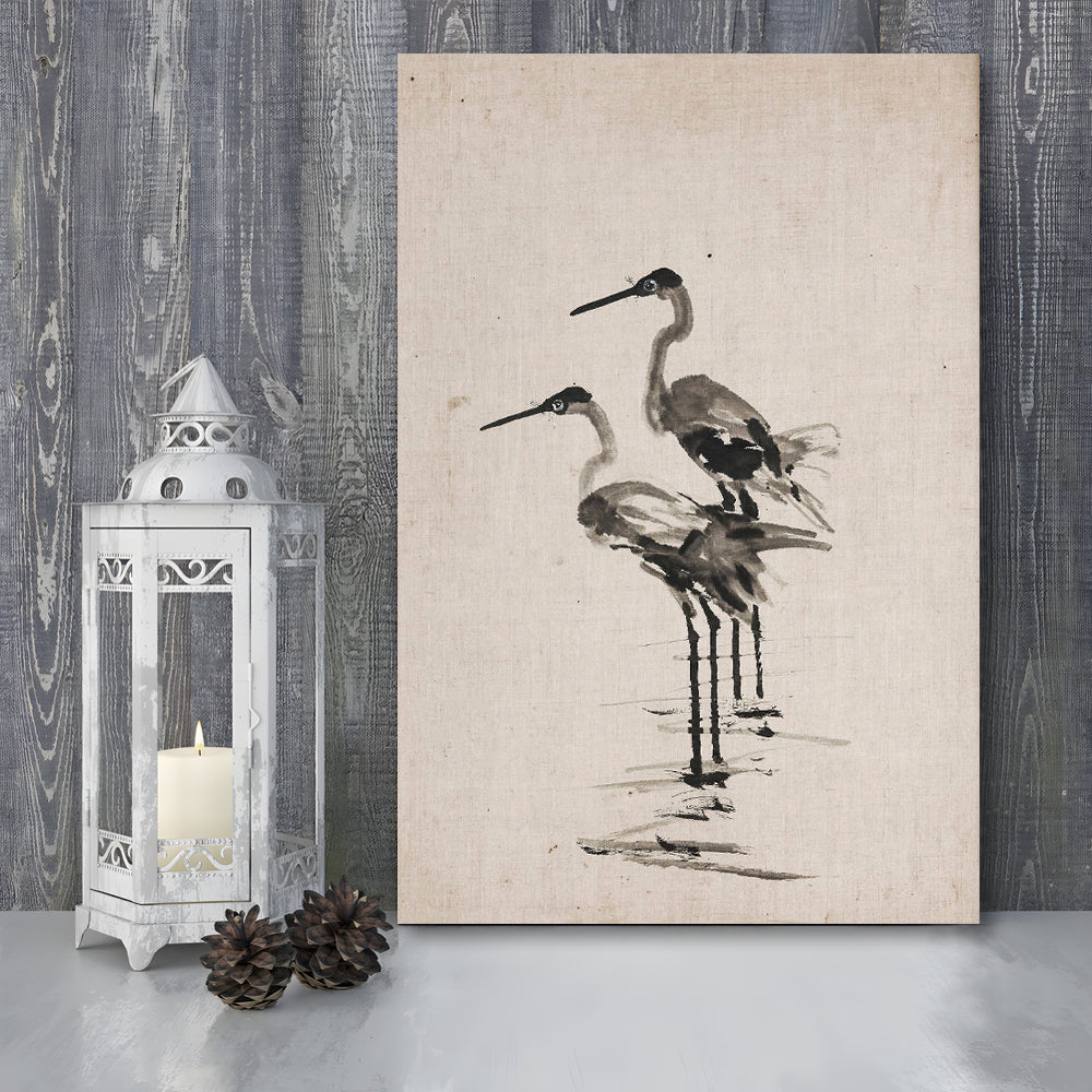 Vintage Blue Heron Painting Muted Neutral Coastal Canvas Print Wall Art, Gallery Canvas Print Wall Art, Art