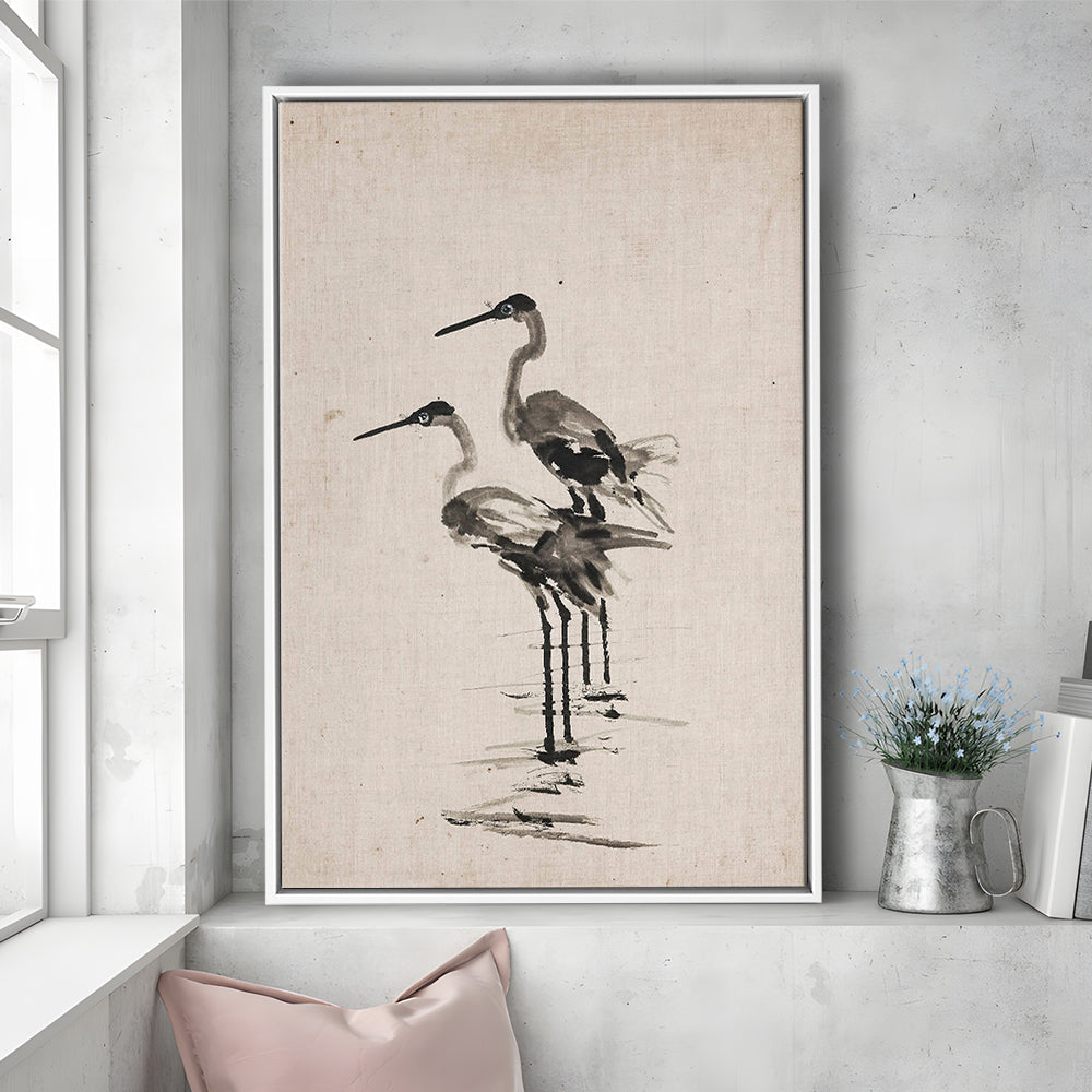 Vintage Blue Heron Painting Muted Neutral Coastal Framed Canvas Print Wall Art, Gallery Framed Canvas Print Wall Art