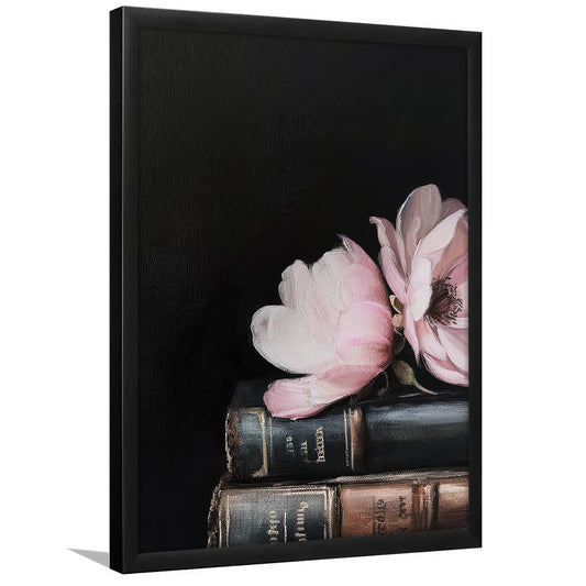 Vintage Books Oil Painting,Vintage Print,Cottagecore,Flowers, Framed Art Print Wall Decor, Picture Framed