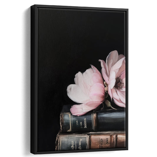 Vintage Books Oil Painting,Vintage Print,Cottagecore,Flowers, Framed Canvas Print Wall Art, Floating Frame