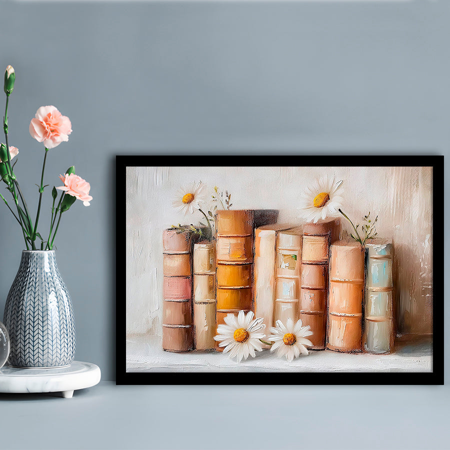 Vintage Books & Daisies Oil Painting Vintage Print Cottagecore, Framed Art Print Wall Decor, Picture Framed