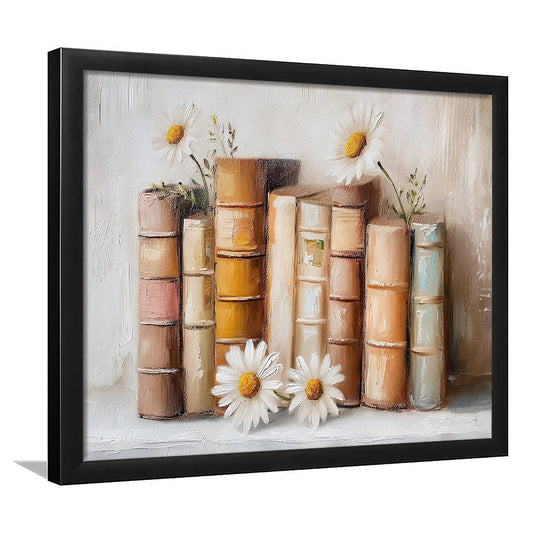 Vintage Books & Daisies Oil Painting Vintage Print Cottagecore, Framed Art Print Wall Decor, Picture Framed