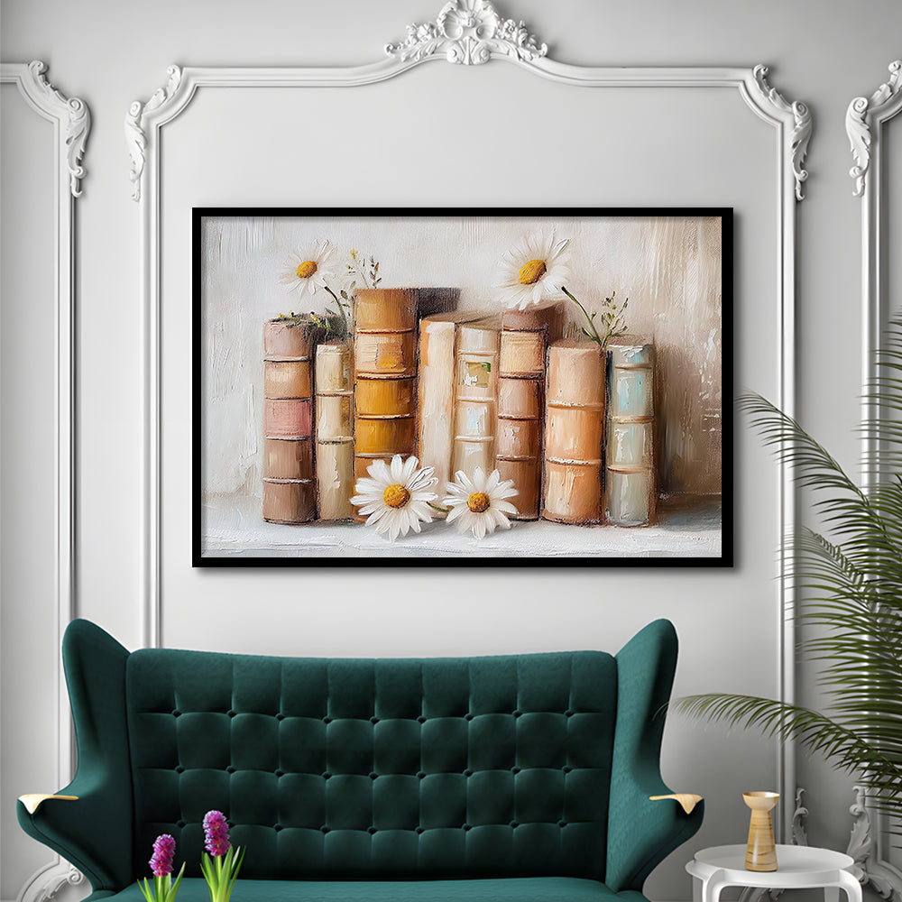 Vintage Books & Daisies Oil Painting Vintage Print Cottagecore, Framed Art Print Wall Decor, Picture Framed