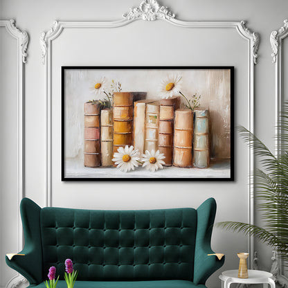 Vintage Books & Daisies Oil Painting Vintage Print Cottagecore, Framed Art Print Wall Decor, Picture Framed
