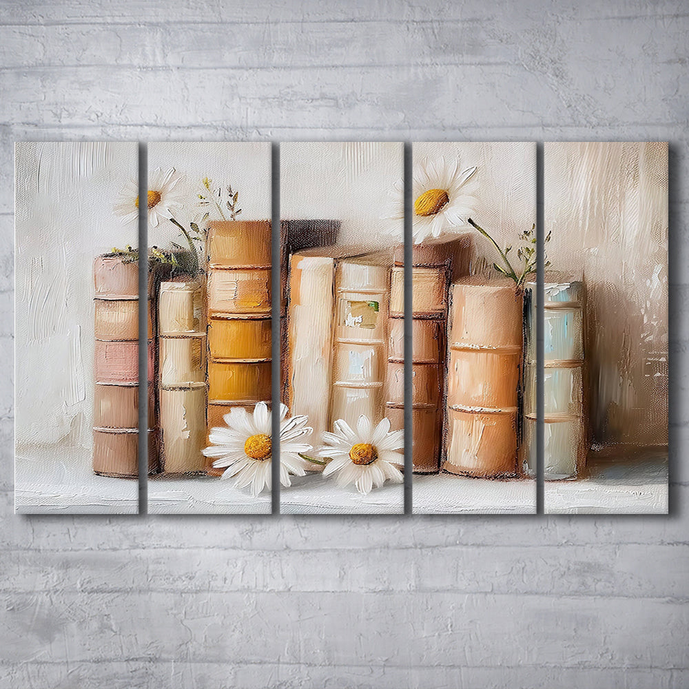 Vintage Books & Daisies Oil Painting Vintage Print Cottagecore, 5 Panel B Canvas Print Wall Art, Extra Large Canvas