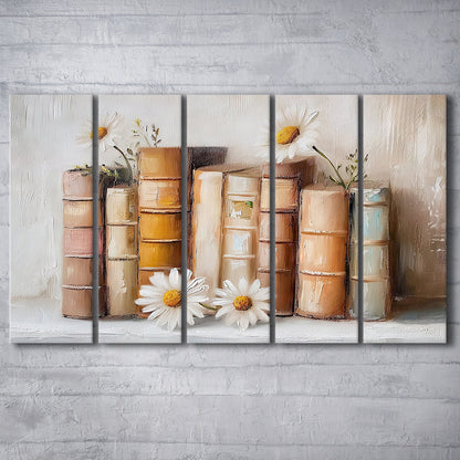 Vintage Books & Daisies Oil Painting Vintage Print Cottagecore, 5 Panel B Canvas Print Wall Art, Extra Large Canvas