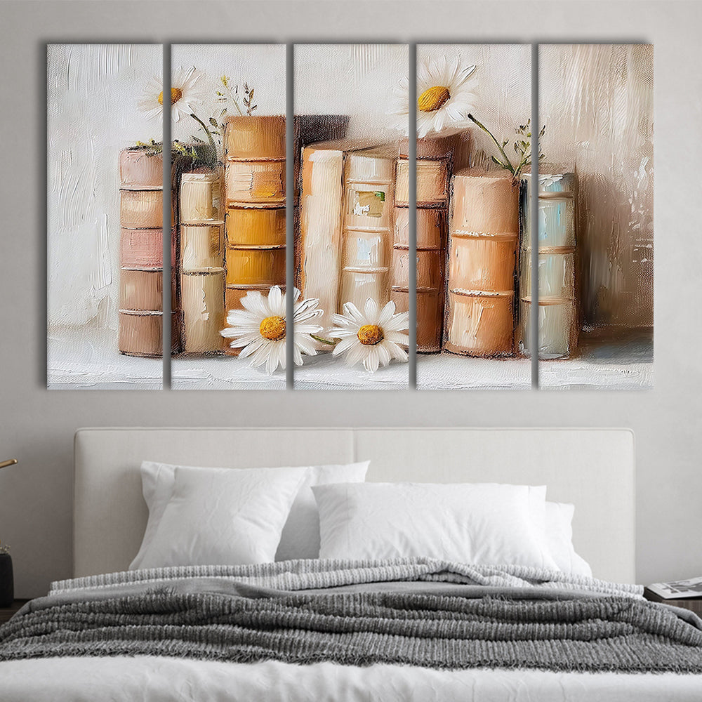 Vintage Books & Daisies Oil Painting Vintage Print Cottagecore, 5 Panel B Canvas Print Wall Art, Extra Large Canvas