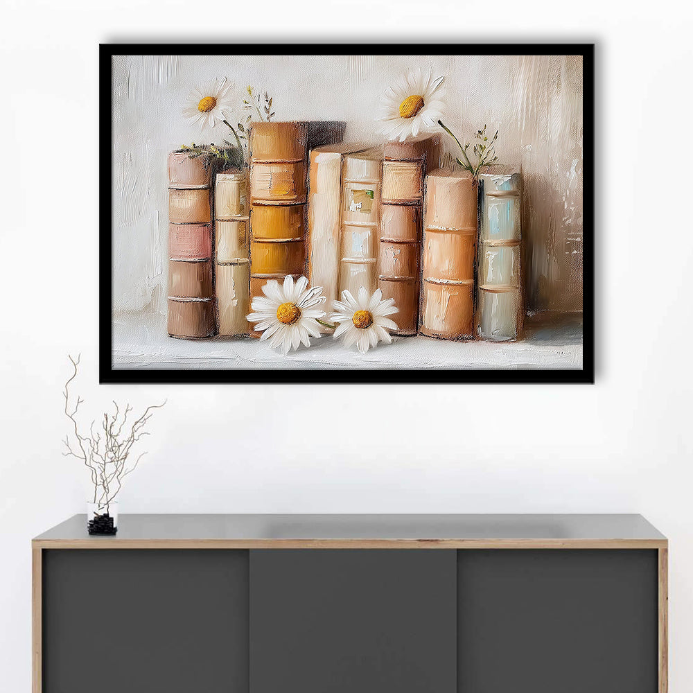 Vintage Books & Daisies Oil Painting Vintage Print Cottagecore, Framed Art Print Wall Decor, Picture Framed