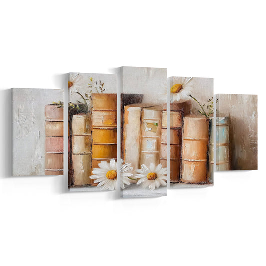 Vintage Books & Daisies Oil Painting Vintage Print Cottagecore, 5 Panel Mixed Canvas Print Wall Art, Large Canvas