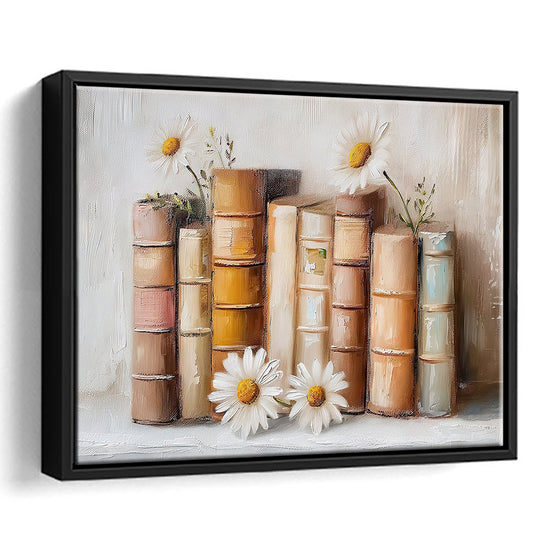 Vintage Books & Daisies Oil Painting Vintage Print Cottagecore, Framed Canvas Print Wall Art, Floating Frame