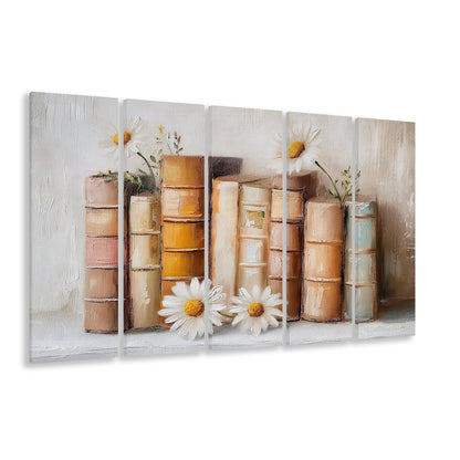 Vintage Books & Daisies Oil Painting Vintage Print Cottagecore, 5 Panel B Canvas Print Wall Art, Extra Large Canvas