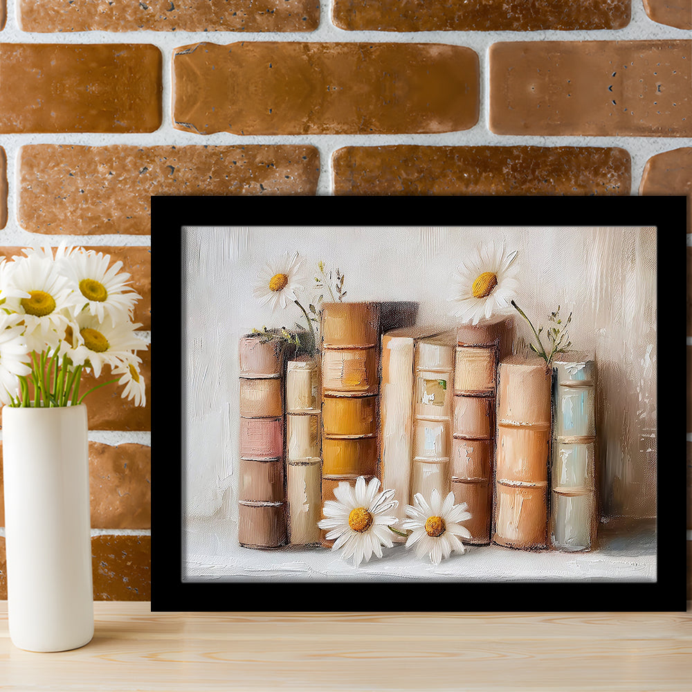 Vintage Books & Daisies Oil Painting Vintage Print Cottagecore, Framed Art Print Wall Decor, Picture Framed