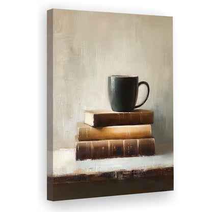 Vintage Books and Coffee Still Life Oil Painting Vintage Print, Canvas Print Wall Art, Wall Decor, Painting Canvas