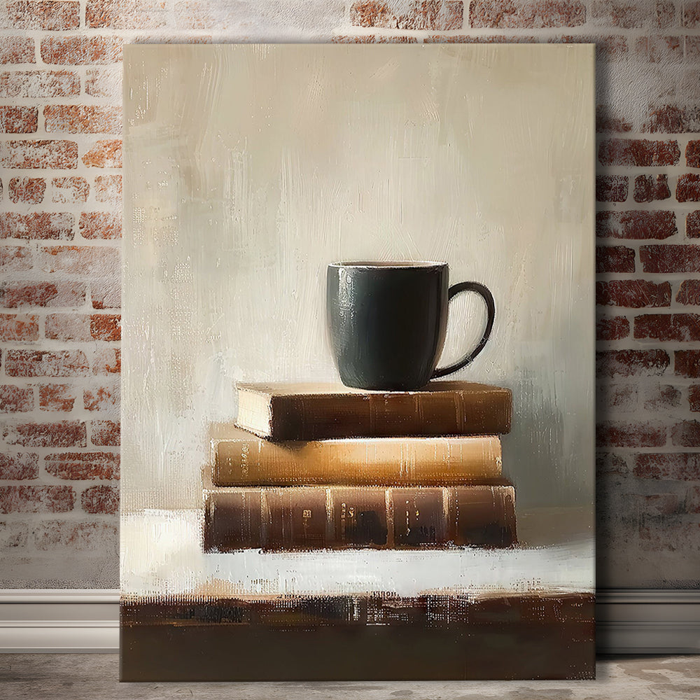 Vintage Books and Coffee Still Life Oil Painting Vintage Print, Canvas Print Wall Art, Wall Decor, Painting Canvas